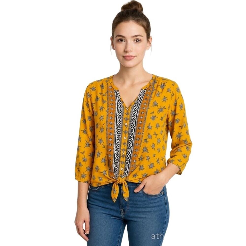 West Kei Mustard Floral Tie-Front Blouse Long Sleeve Boho Size M